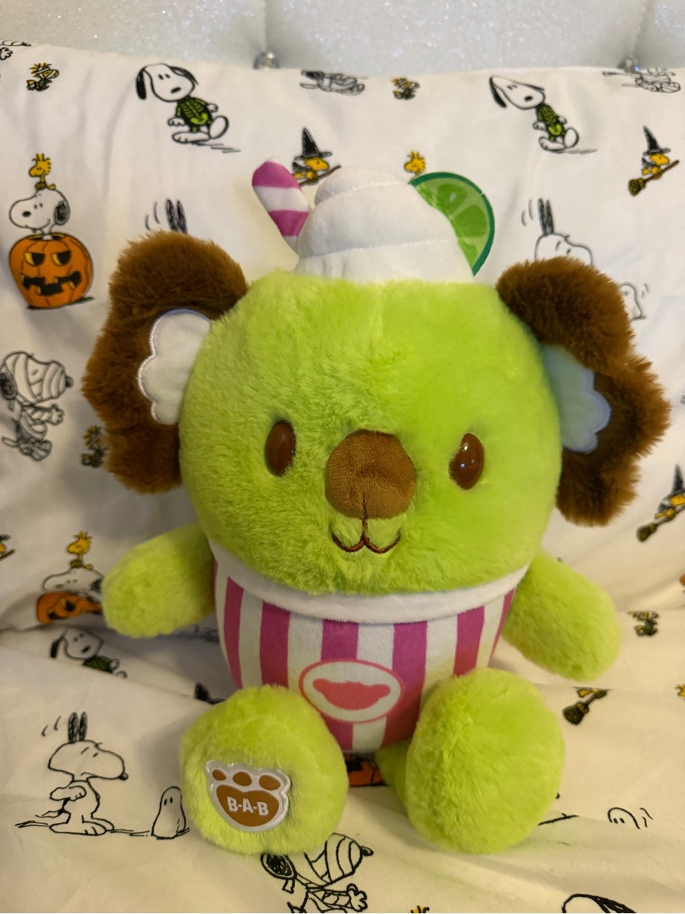 Build-A-Bear Lime Green and Brown Plush Bear with Pink-White Striped Outfit